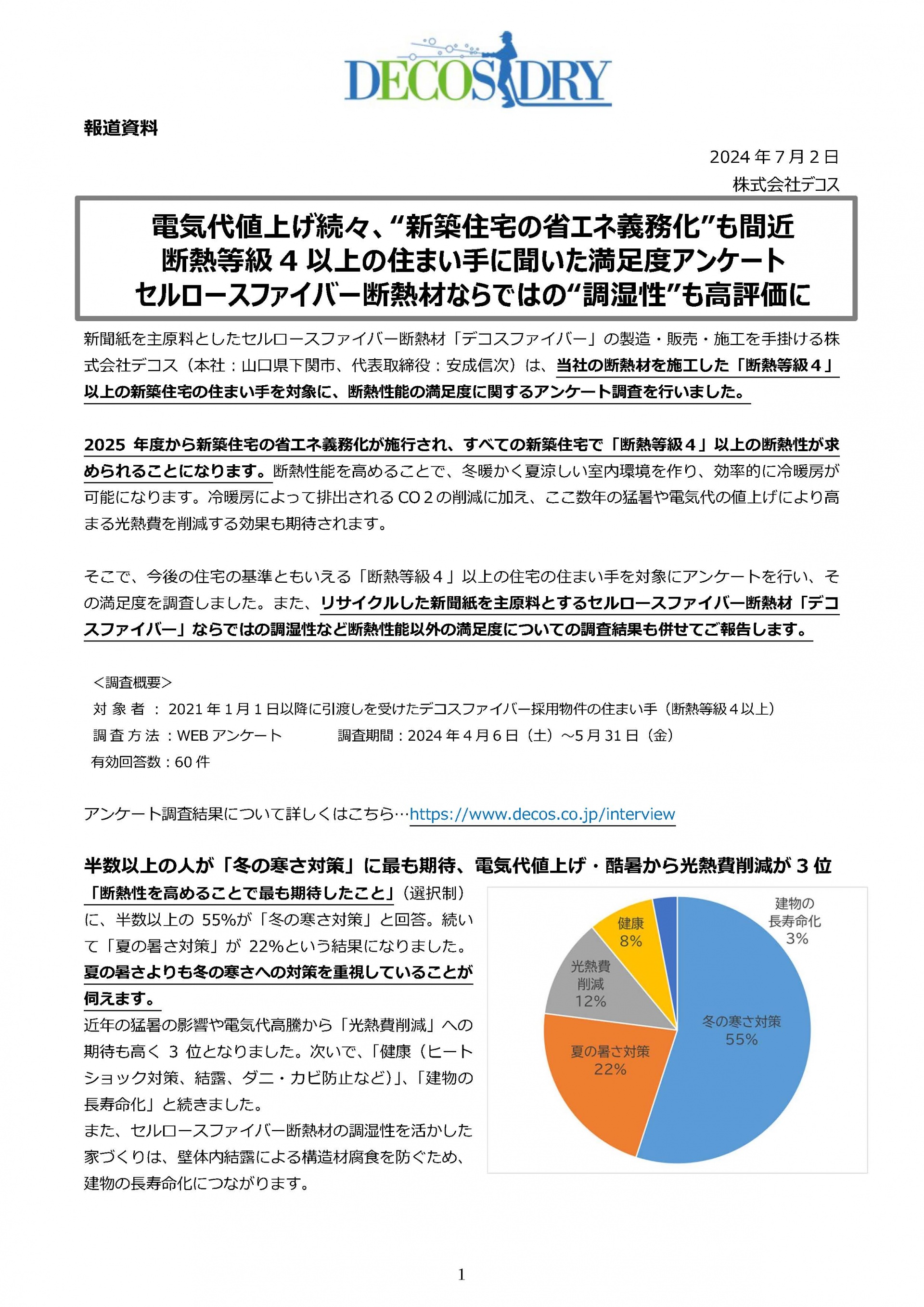 ニュースリリース】「デコス住まい手アンケート2024」公開｜株式会社デコス｜セルロースファイバー断熱のデコスドライ工法